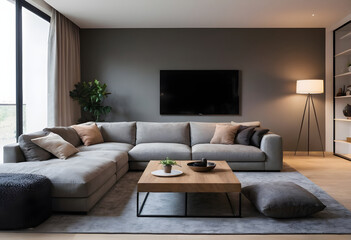 Modern and chic living room with a spacious, cozy sofa, simple decorations, and a soothing neutral color scheme for a welcoming ambiance