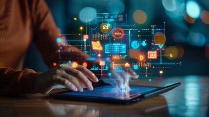 User manipulating a virtual dashboard of data analytics on a tablet interface.