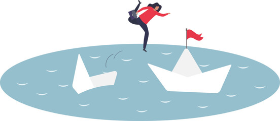 frustrated businesswoman jump to escape from sinking ship to better one.flat vector illustration.