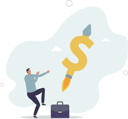 businessman company owner or investor with dollar money sign launch rocket booster high in sky.flat vector illustration.