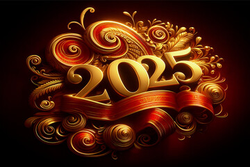 Golden 2025 Year Celebration Design, Elegant 2025 New Year’s Eve Graphic, Luxurious Gold and red Swirls and 2025 Number, Festive 2025 Typography with Ornamental Detail, Red ribbons and Gold