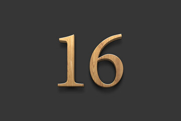 3D wooden logo of number 16 on dark grey background.