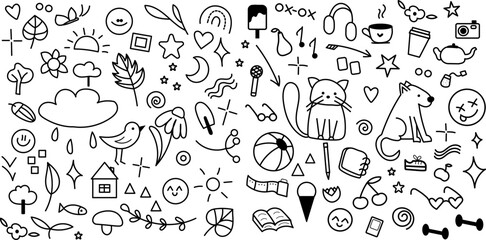 Set of doodles. Hand drawn doodles. Stickers for bullet journal or coloring book.