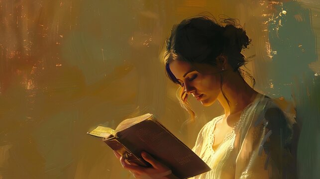 young woman reading the holy bible with devotion digital painting