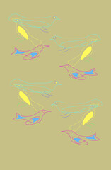 Beautiful abstract drawings of painted birds on different colorful backgrounds
