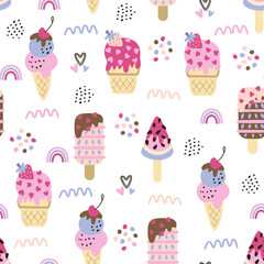 Summer seamless pattern with hand drawn colourful ice cream. Modern texture for fabric, textile, wallpaper. Vector illustration.