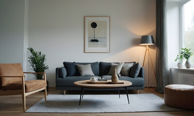 Serene and stylish living room with a cozy sofa, wooden coffee table, and minimalist wall art for a comfortable ambiance