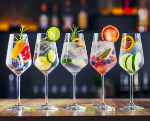 A set of summer cool drinks in a glass, berry, buckwheat, lemon, on a dark background on the bar counter