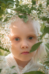 Little blonde girl in a blooming garden