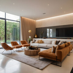 Contemporary living room with stylish sofas, ambient lighting, and glass walls offering a view of lush greenery