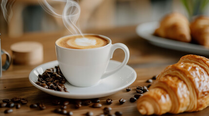 Steaming Cup of Coffee with Croissant on Wooden Table