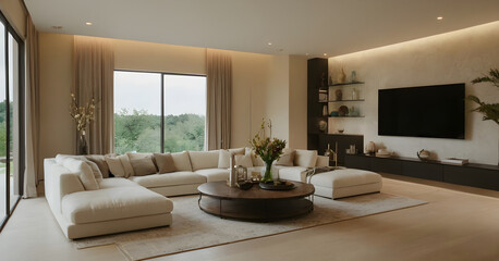 Fototapeta premium Luxurious minimalist interior of an elegant contemporary living room with comfortable furniture, large windows, and a serene nature view