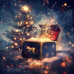 Christmas background with magic box and Christmas Tree design.