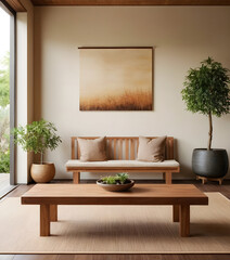 Cozy living room with a wooden bench, potted plants, and a tranquil landscape painting in warm tones