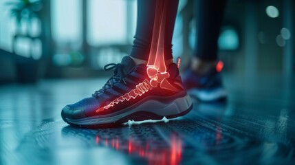a person experiencing ankle pain, overlaid with a red hologram and joint diagram