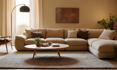 Warm toned living room with comfortable sectional sofa, round coffee table, stylish floor lamp and decorative plants creating a cozy atmosphere