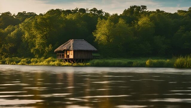 The ambiance of a hut near a beautiful river in a beautiful green forest with sunshine, ideo for relaxation music, Generative AI