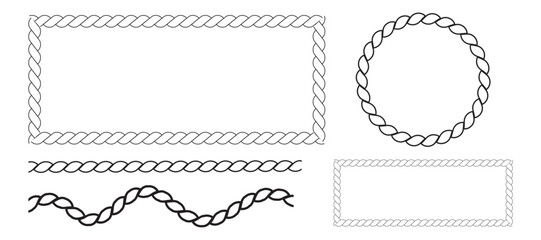Vector rope frames. Silhouette borders are round, oval and square. Pack of isolated elements on a white background.