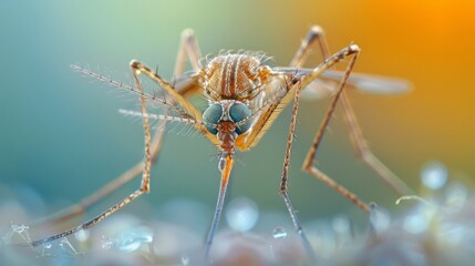 Extreme close-up of a mosquito's body and wings, the fine details in sharp focus, with a blurred background