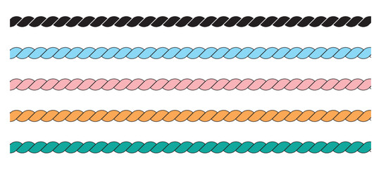 Line rope border element collection. Nautical rope brushes. Set of straight outline silhouette rope borders © ISHWARAN
