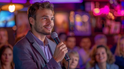 Man holding a microphone, engaging with a vibrant audience in a dimly lit room, smiling and confident under colorful lights. Concept of public speaking, charisma, and interaction.
