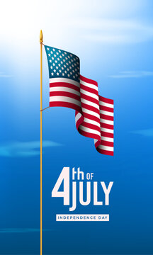 4th of July Independence Day Banner. The USA Flag waives up high over the beautiful blue sky. American greeting poster, template, design, illustration, vector, and minimalist style background.