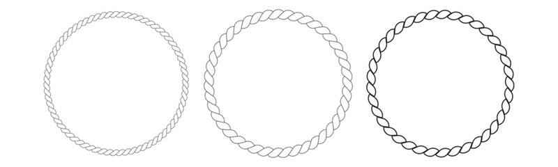 Round rope curve symbol set. Different thickness circular ropes set for decoration. Vector isolated on transparent background.