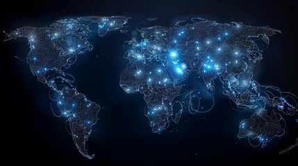 Global map illuminated with blue lights representing interconnectedness and digital communication across continents, symbolizing globalization, technology, and connectivity.
