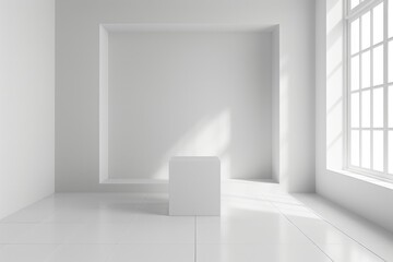 Abstract empty room with white walls, floor and white cube.