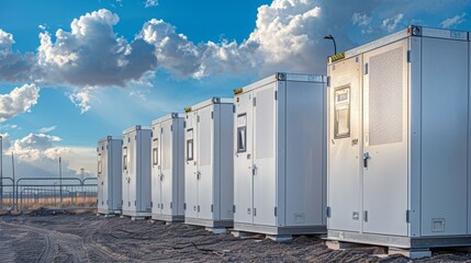 Row of energy storage cabinets under a bright blue sky with scattered clouds, emphasizing clean energy and modern infrastructure. Concept of sustainability, technology, and power storage.
