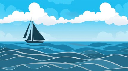 Naklejka premium A serene digital illustration of a sailboat with a simple design floating on gentle blue ocean waves against a sky with a chain of white clouds.