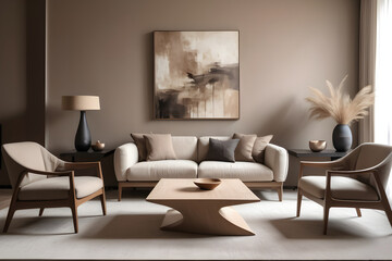 Modern living room featuring a neutral color palette with stylish furniture and a large abstract painting above the sofa