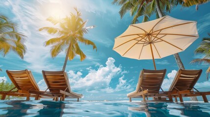 Luxury beach resort hotel swimming pool, relaxing beach chairs, palm trees, summer vacation