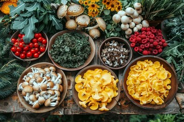 Fototapeta premium Fresh organic mushrooms, vegetables, and berries arranged on a wooden table