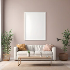 Fototapeta premium Stylish interior with a white couch, wooden coffee table, greenery, and a placeholder frame on a neutral wall