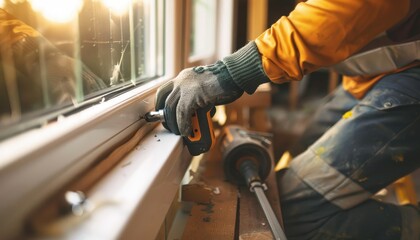 Construction worker using drill to install window, adding value to property with home extension