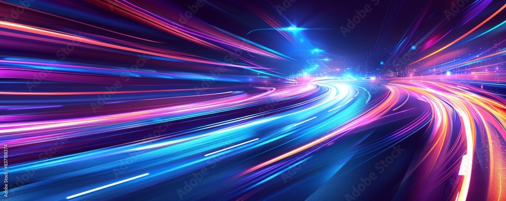 Poster long exposure shot of car light trails on a night highway, creating an abstract background