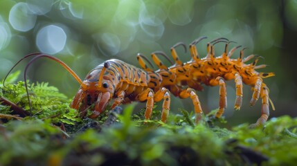 Obraz premium Detailed close-up of a centipede's segmented body and legs, the fine details in sharp focus, with a soft-focus forest floor