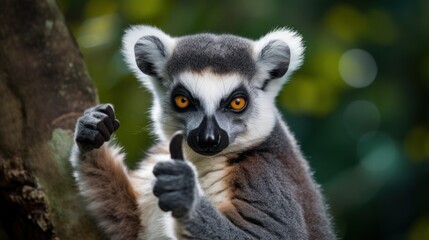 Fototapeta premium Portrait of friendly lemur making thumbs up.