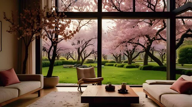A serene living room open window garden full cherry blossom trees, overlay loop, animated virtual backgrounds, vtuber asset twitch zoom OBS, manga style anime chill hip hop 4k Animation video