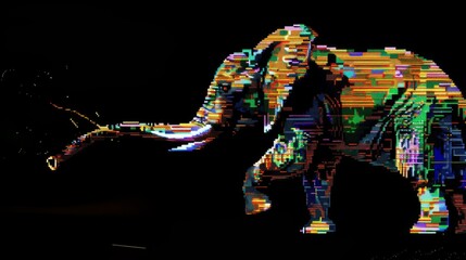 Obraz premium A visually striking depiction of an elephant composed of vibrant digital glitches, highlighting a fusion of nature and technology.