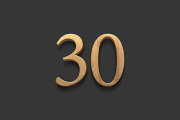 3D wooden logo of number 30 on dark grey background.