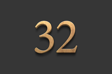 3D wooden logo of number 32 on dark grey background.