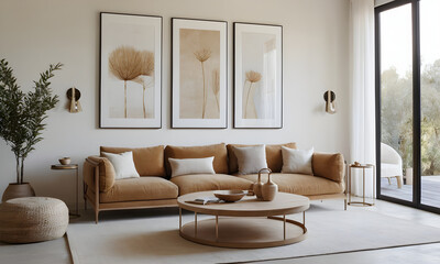 Serene living room setting featuring an elegant beige couch, botanical artwork in a frame, and fashionable decor in earthy tones