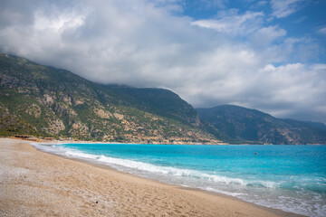 Oludeniz beach without people in the morning, beach next to Fethiye, Turkey