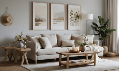 Cozy and welcoming living room with a beige sofa, wooden furnishings, and potted plants surrounded by framed wall art