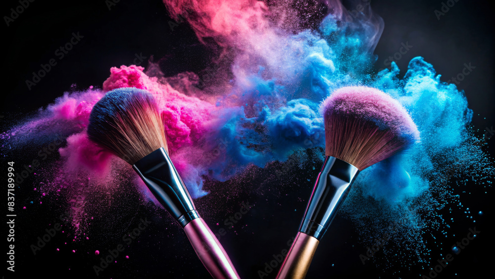 Wall mural Two makeup brushes are angled towards each other against a dark background, with an explosion of blue and pink powder creating a vibrant contrasting cloud around them. AI generated.