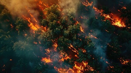 Aerial view of a burning forest. Wildfire, global warming and climate change concept.