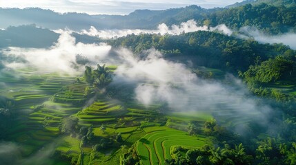 Aerial view of rice terrace fields in the morning with fog or mist in the middle of hills, healthy fresh green tree environment