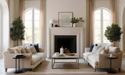 Fototapeta premium Elegant living room with a welcoming fireplace, modern furniture, and ornamental greenery, for a tranquil and inviting ambiance